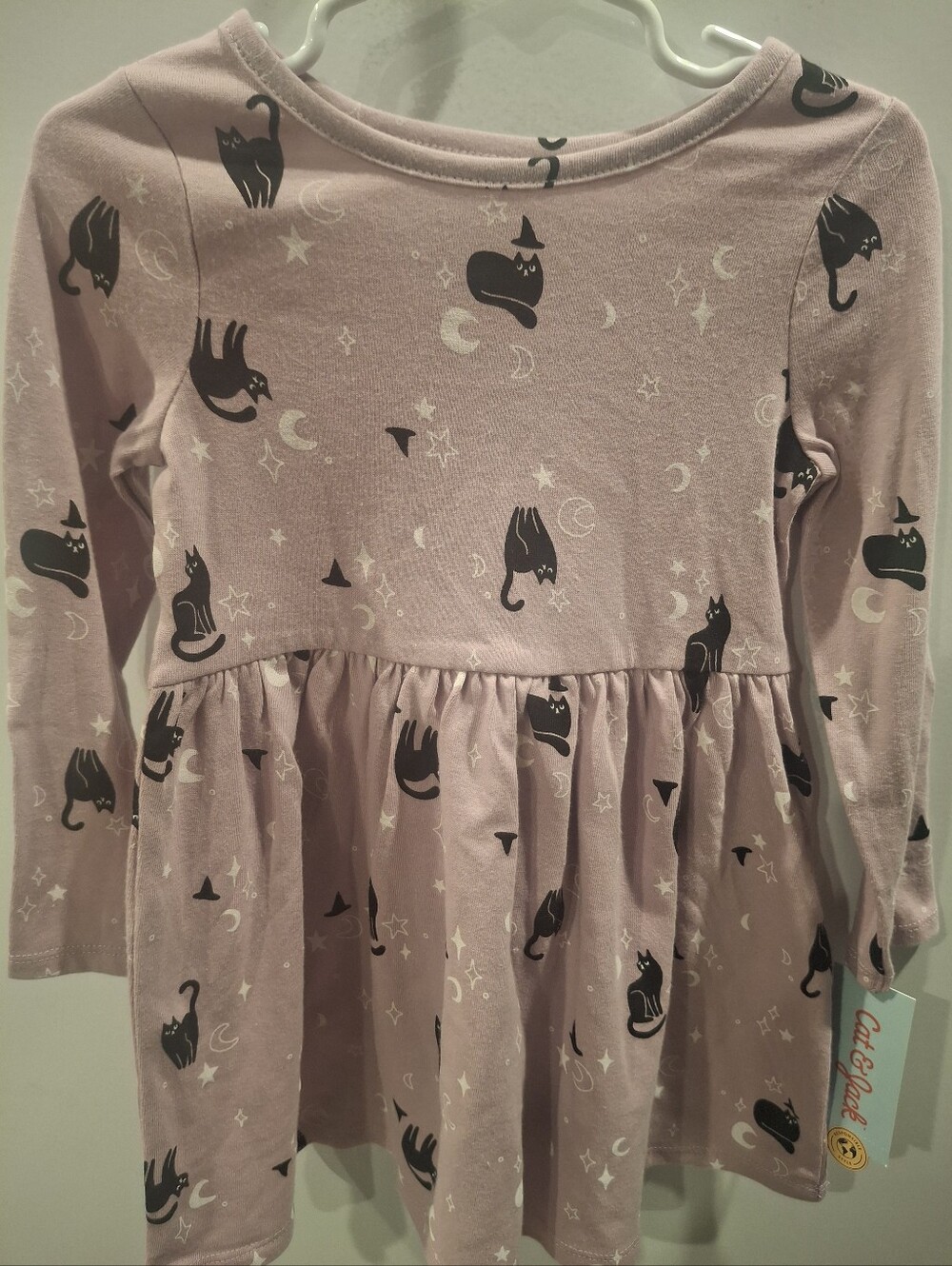 Cat & Jack Lilac Long Sleeve Dress with Black Cat Print